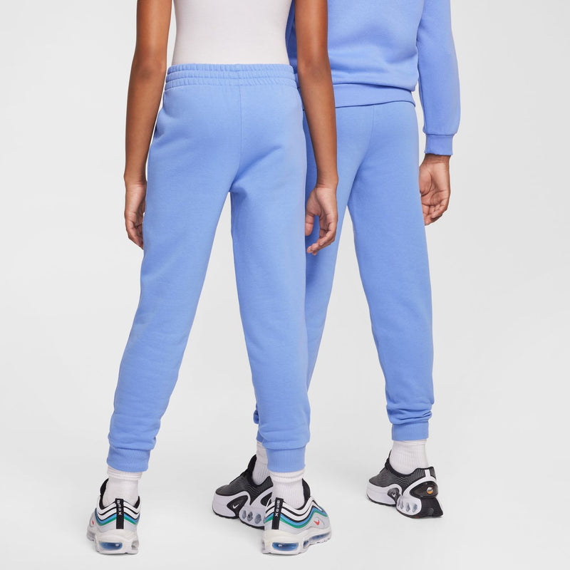 Light blue youth jogger pants from back view with elastic waist and cuffs