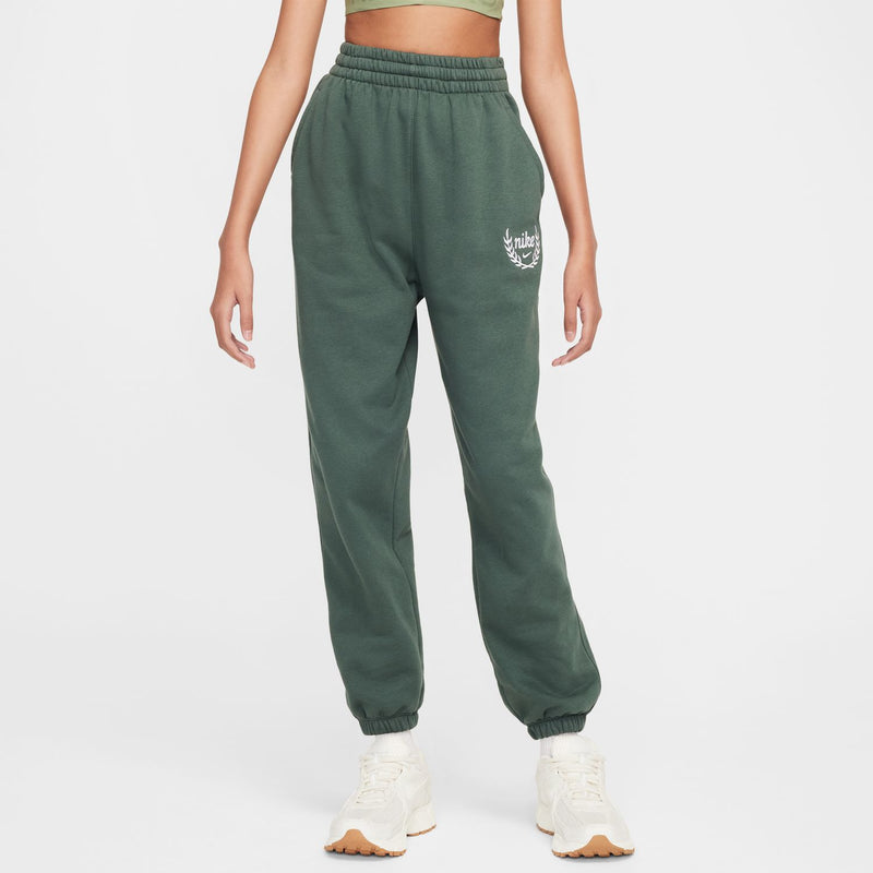 Youth loose graphic fleece pants, vintage green with white logo on hip