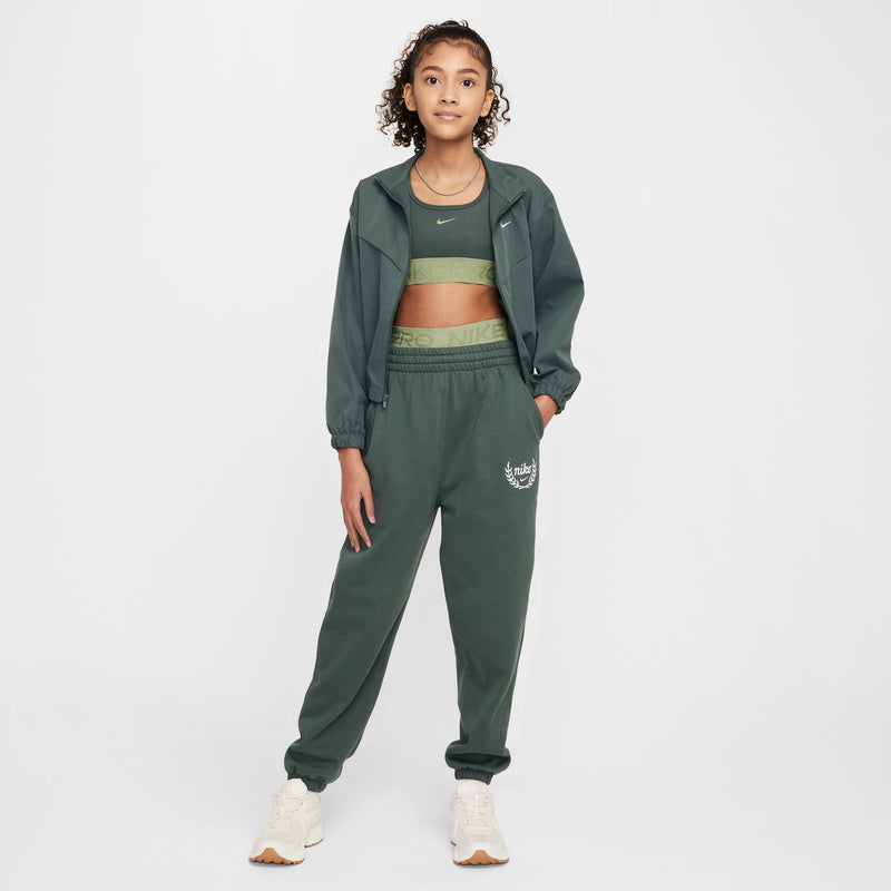 Youth loose graphic fleece pants, vintage green with logo and elastic cuffs