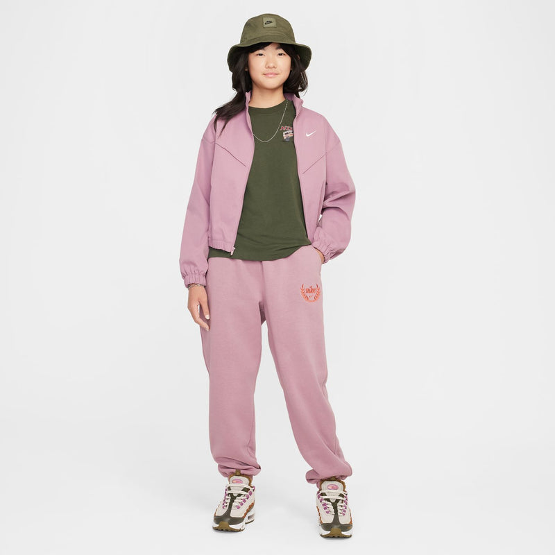 Youth plum fleece sweatpants with drawstring waist and side logo