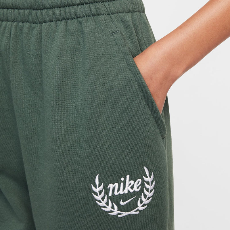 Youth fleece pants, vintage green with white 'nike' laurel graphic