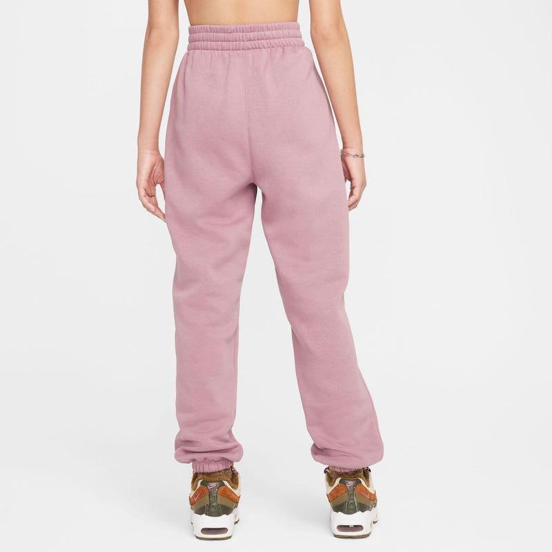 Youth plum fleece sweatpants from back view with elastic waistband and drawstring