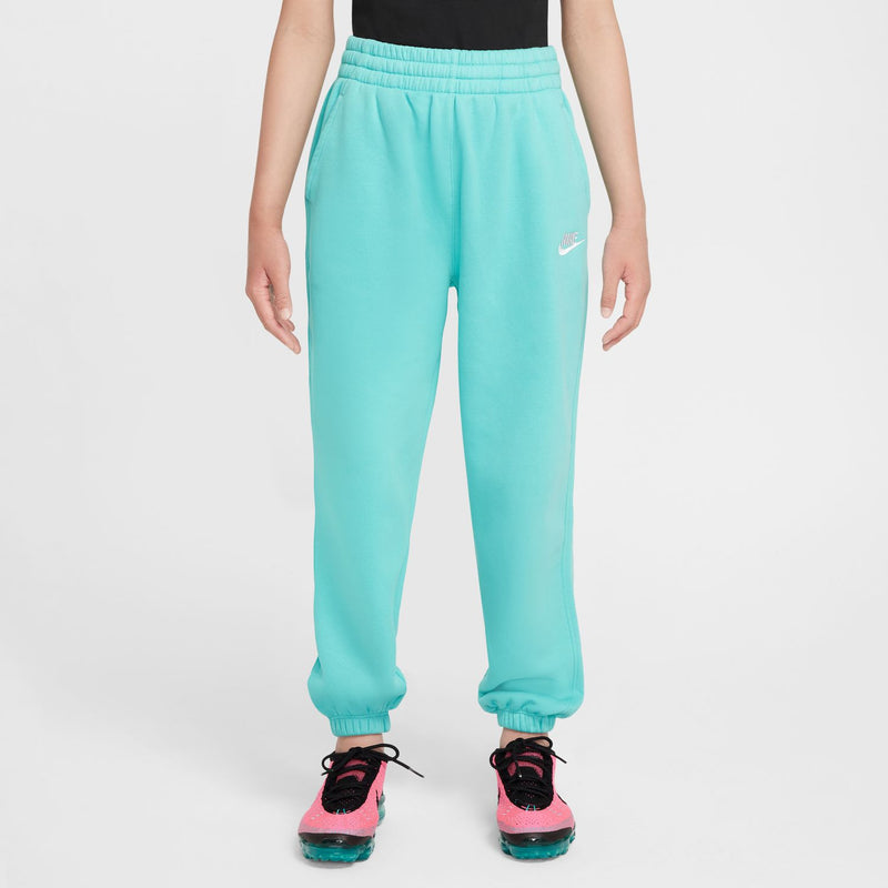 Youth teal/turquoise jogger pants with elastic waist, ankle cuffs, and side Nike logo