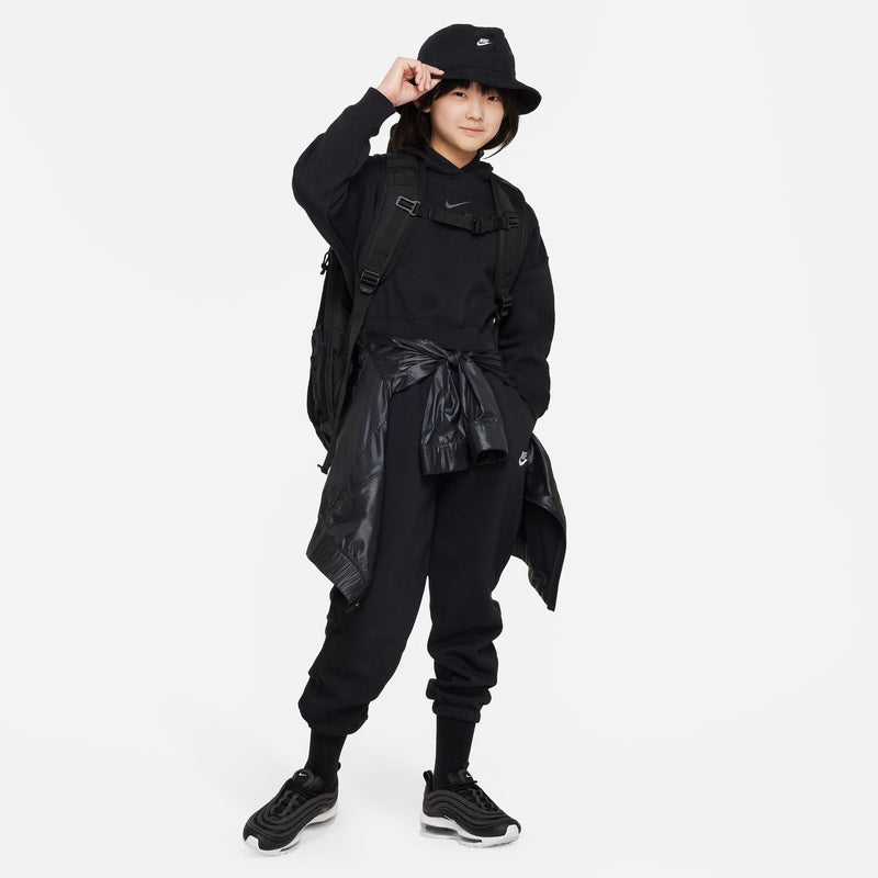 Youth black loose pants with elastic cuffs and Nike logo, relaxed fit