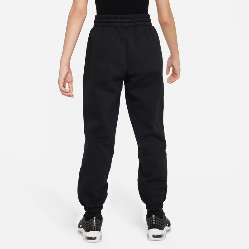 Youth black loose sweatpants, back view, elastic waistband and ribbed cuffs