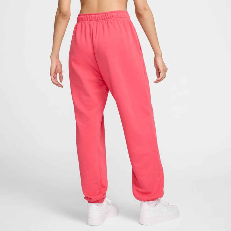 Women's pink fleece jogger pants with elastic waist and tapered relaxed fit