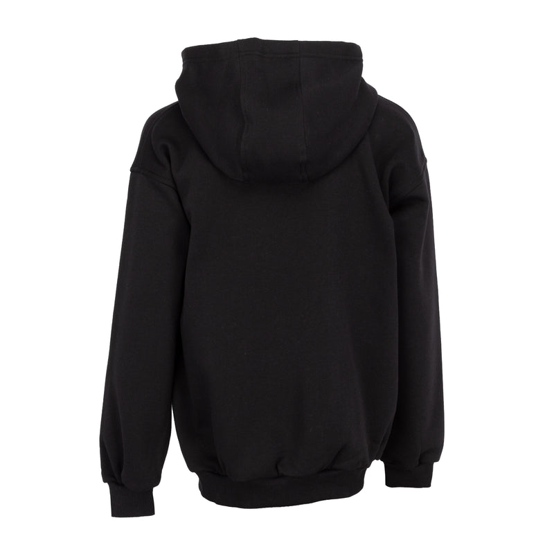 Youth black full-zip fleece hoodie, back view with hood