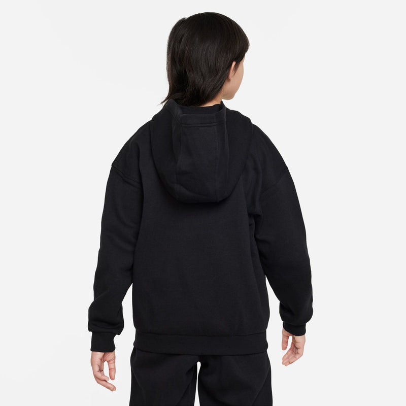 Youth black full-zip fleece hoodie on model, back view with hood