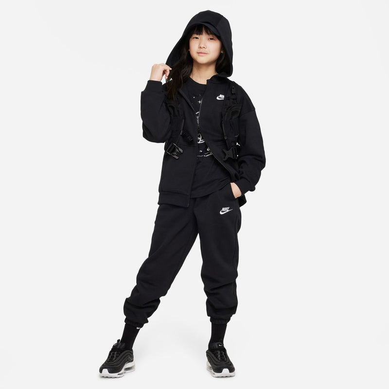 Youth black full-zip fleece hoodie on model with hood; Nike logo at chest