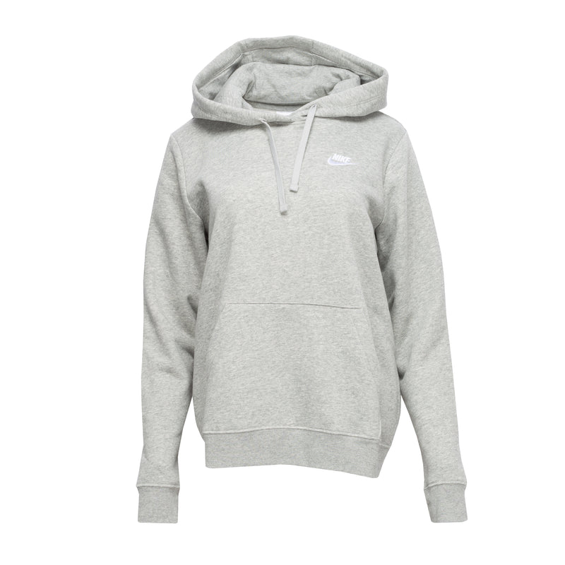 Heather grey fleece pullover hoodie for women with hood, drawstrings, and front pocket