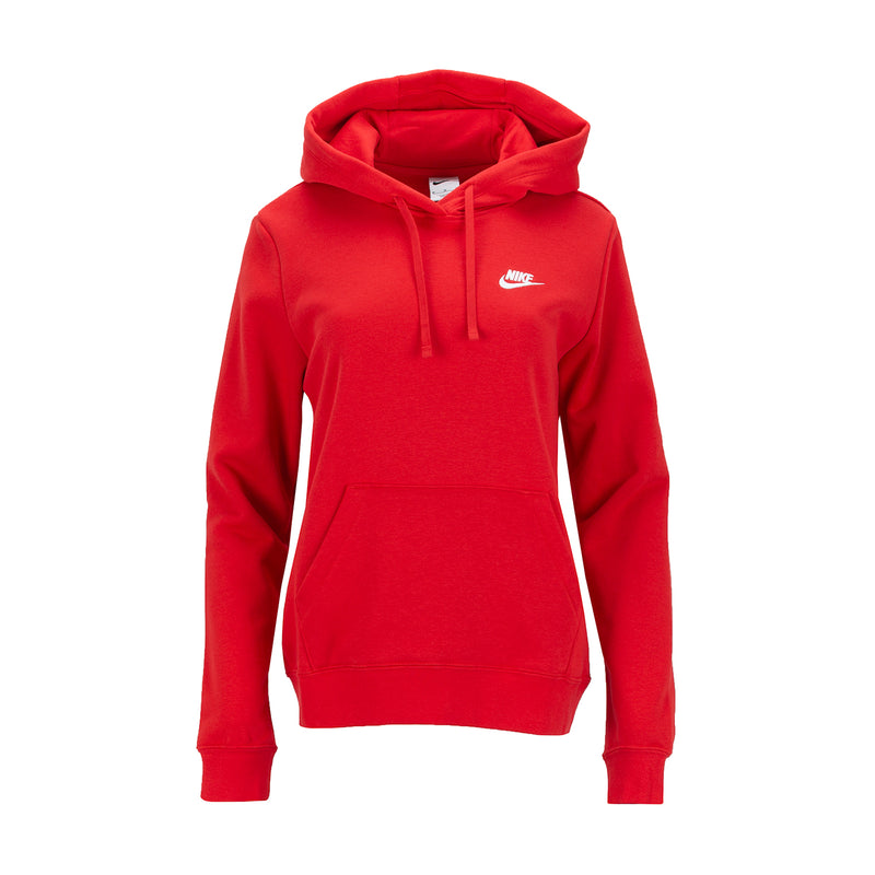 Women's red fleece pullover hoodie with hood drawstrings and Nike chest logo