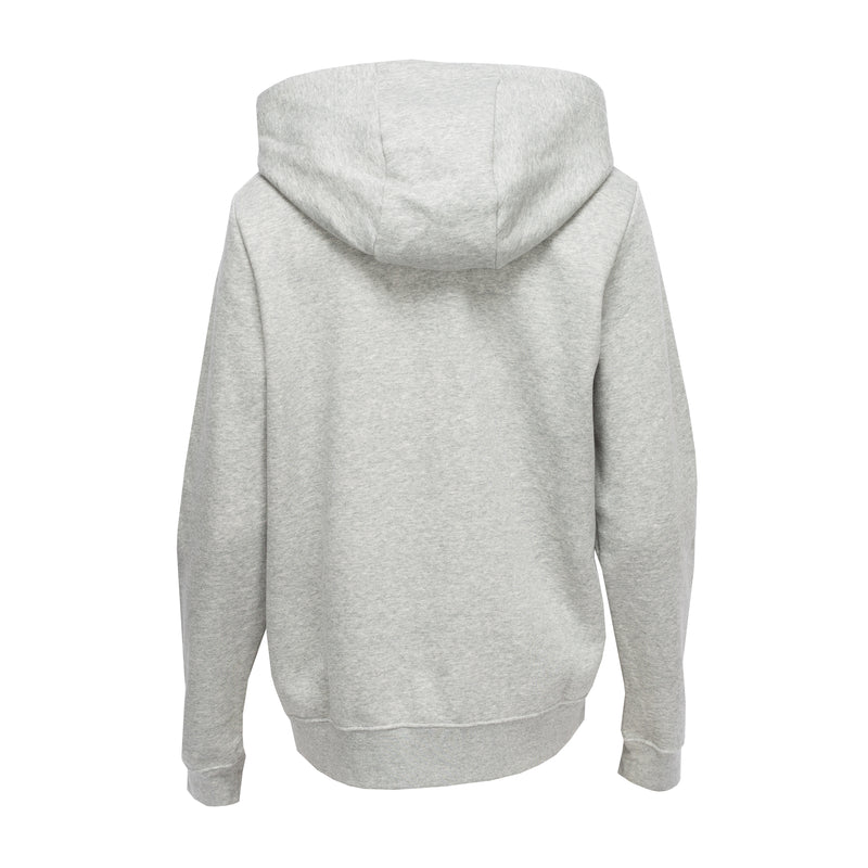 Heather grey fleece pullover hoodie for women, back view with attached hood and long sleeves