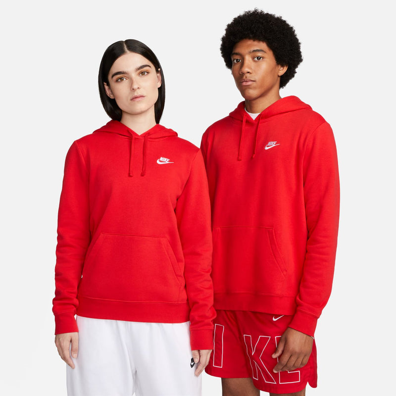 Women's red fleece pullover hoodie with Nike logo, hood and kangaroo pocket