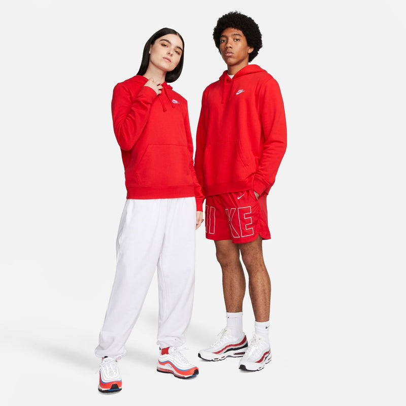 Red fleece pullover hoodie with front hood, drawstrings, and Nike logo