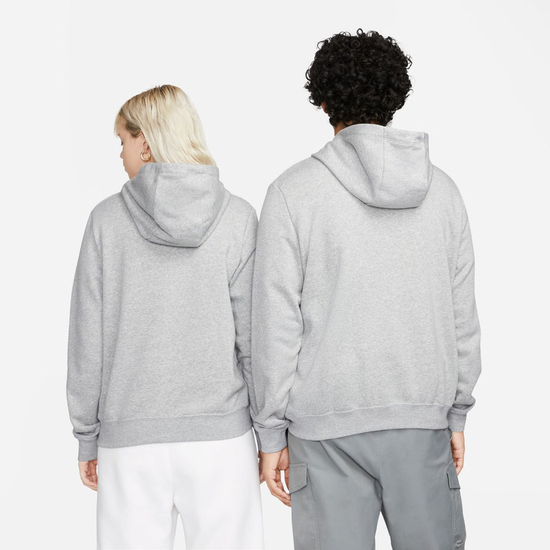 Women’s heather grey fleece hoodie, back view with hood and kangaroo pocket