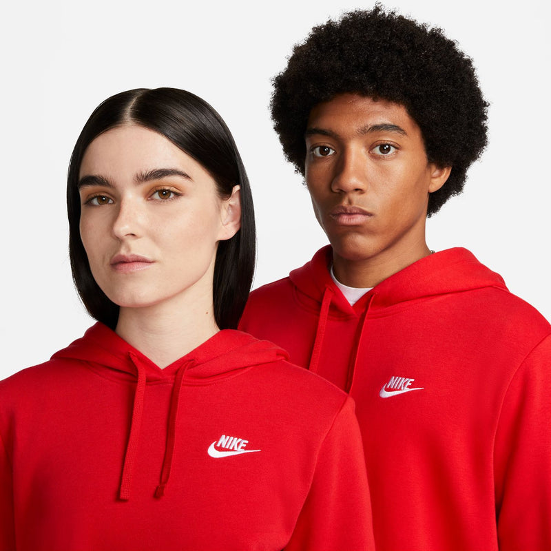 Red fleece pullover hoodie with Nike logo on chest, hood with drawstring ends