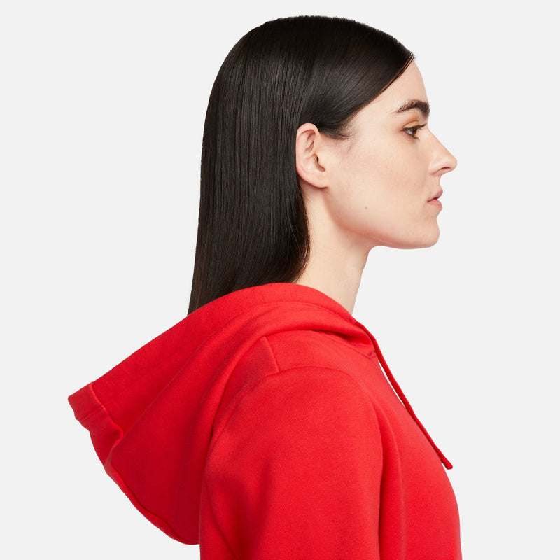 Red fleece pullover hoodie back view with hood