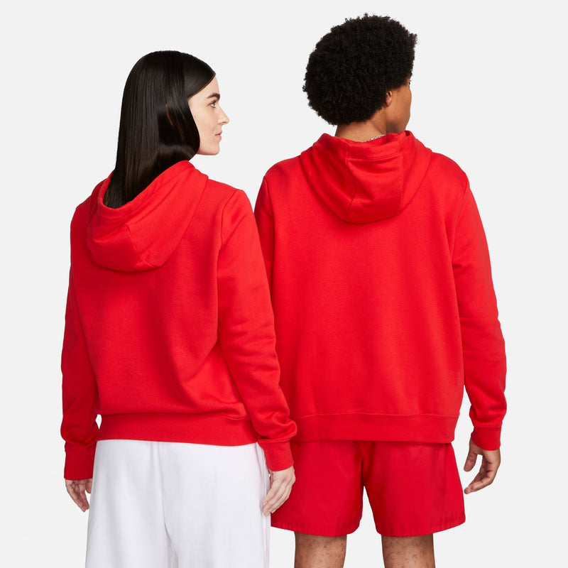 Red fleece pullover hoodie back view with hood and full hem