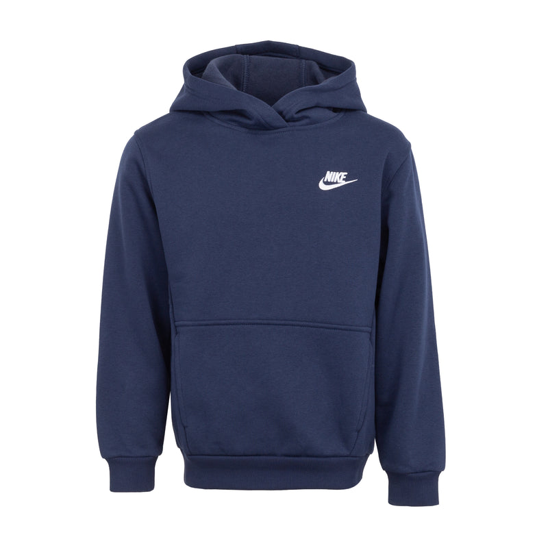 Youth Nike navy pullover fleece hoody with kangaroo pocket and white logo
