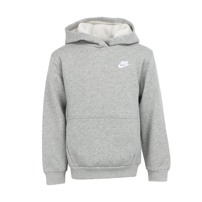 Youth pullover hoodie in heather grey with white hood lining and Nike logo