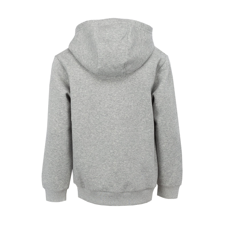 Youth heather grey pullover hoodie with hood and Nike logo, back view