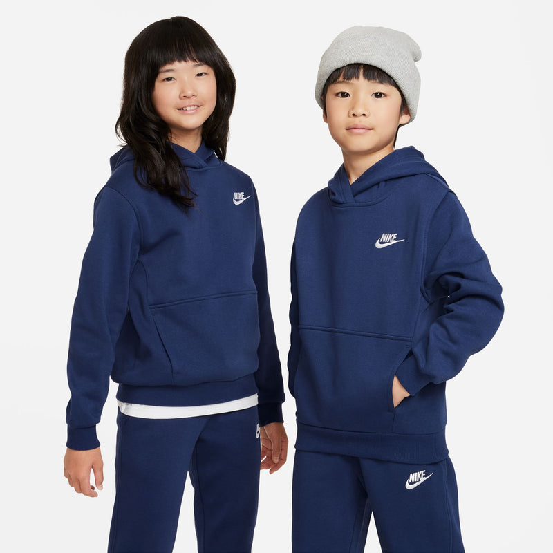 Youth Nike navy pullover fleece hoody with white Nike logo on chest