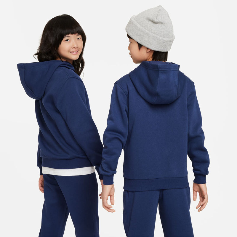 Youth Nike navy pullover fleece hoody with hood and white logo, rear view