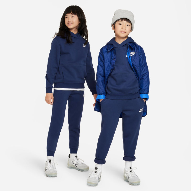 Youth Nike navy pullover fleece hoody with kangaroo pocket and white logo, full look