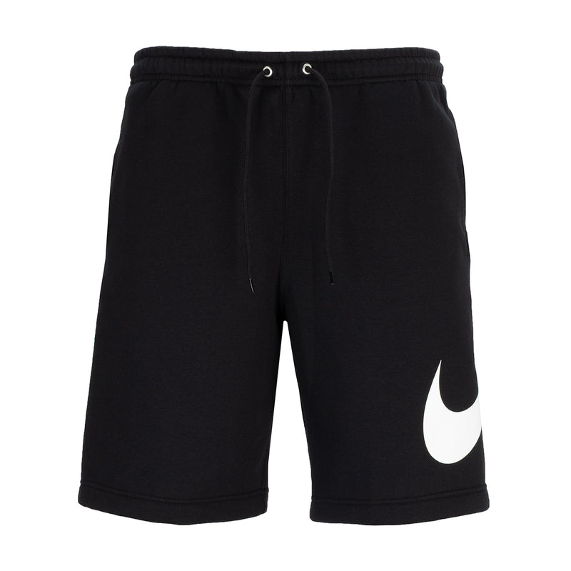 Black men's fleece shorts with drawstring waist and large white side swoosh