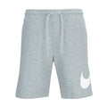 Mens grey fleece shorts front view with drawstring and large white logo