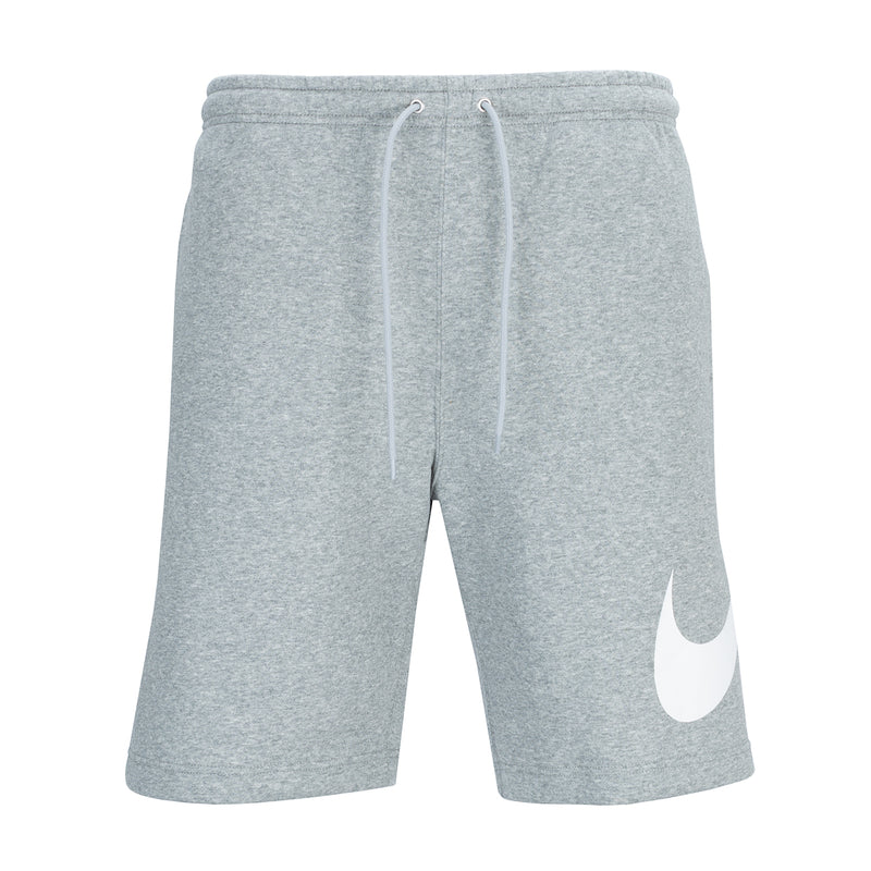 Mens grey fleece shorts front view with drawstring and large white logo