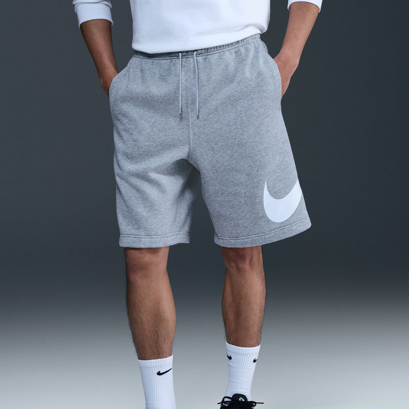 Mens grey fleece shorts with white drawstring and side logo on left leg