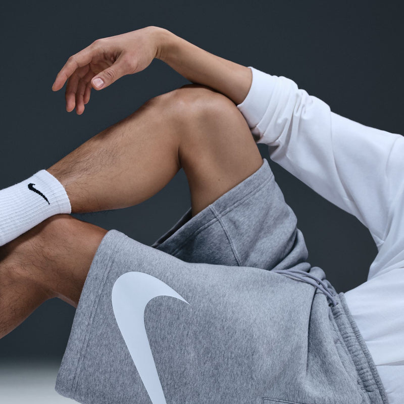 Mens grey fleece shorts with white drawstring and zip side pocket details