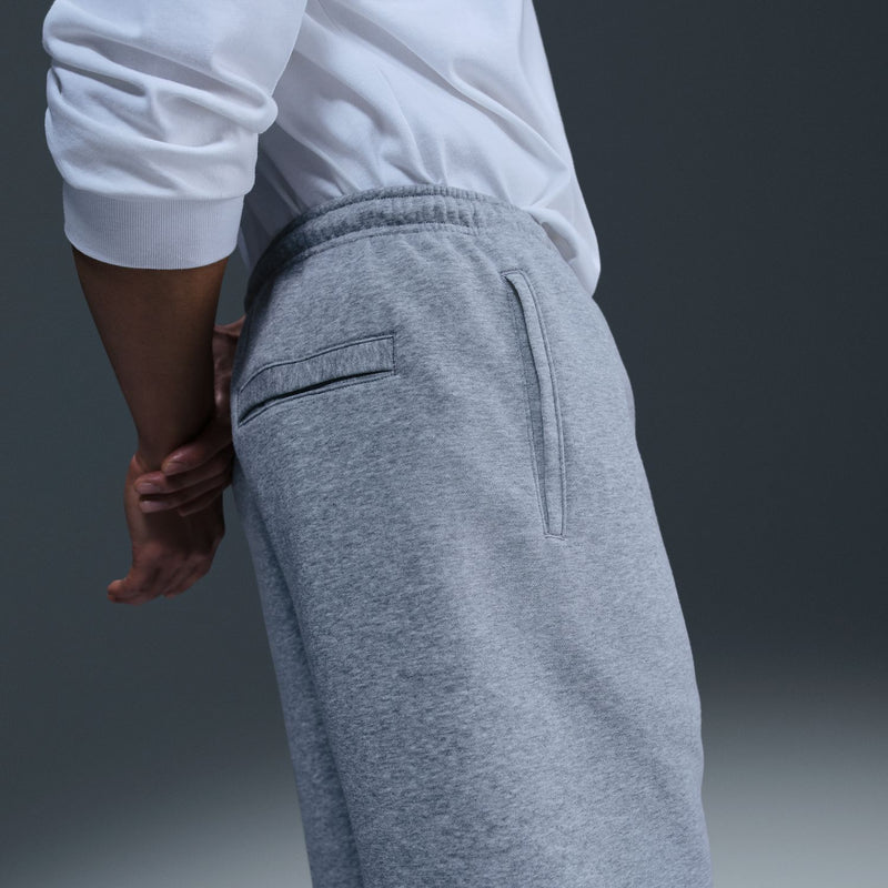Mens grey fleece shorts, side pocket seam and elastic waistband with drawstring