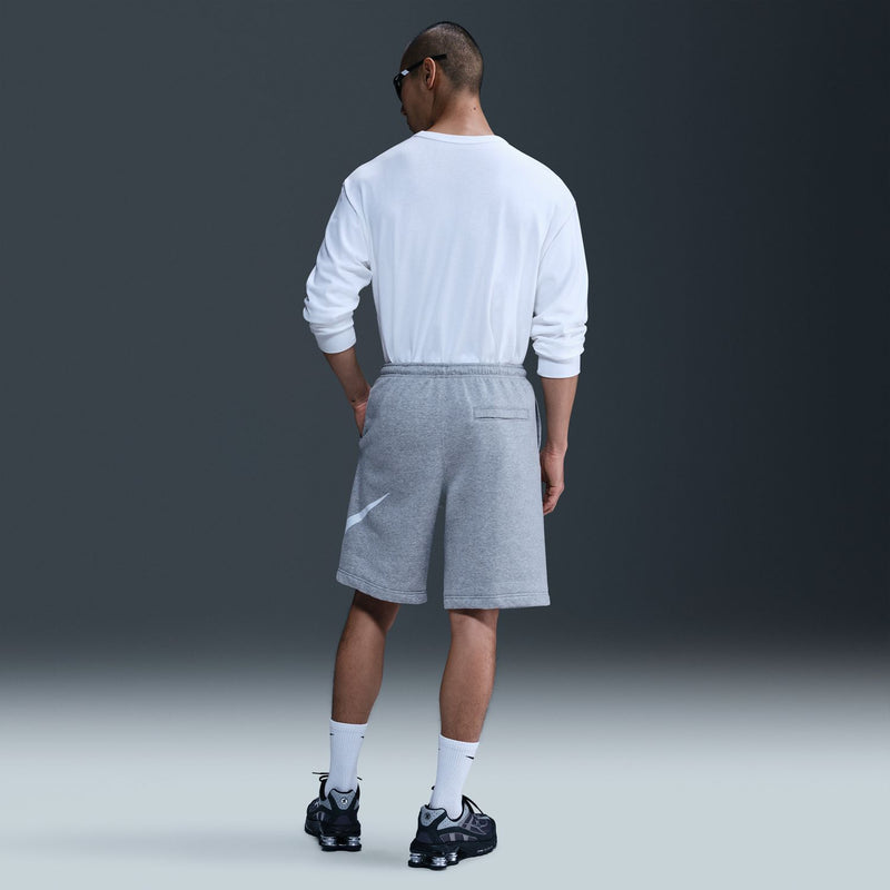 Mens grey fleece shorts with white logo on back and drawcord hem