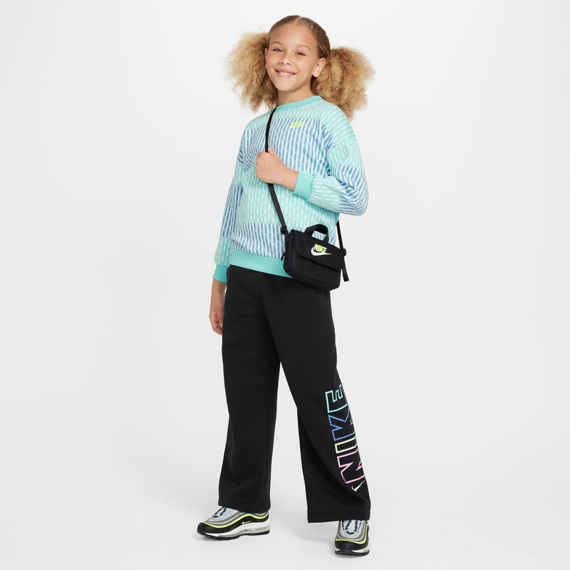 Youth black wide-leg fleece pants with large side logo graphic and elastic waist
