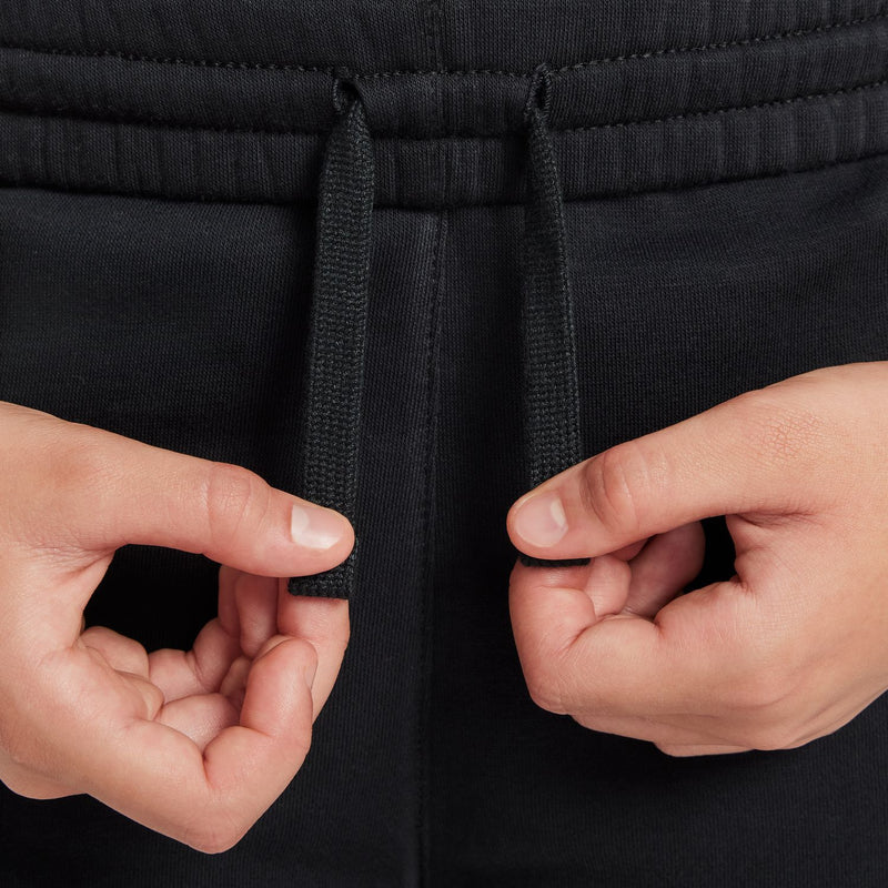 Black fleece pant waistband with elastic top and stitched inner panel