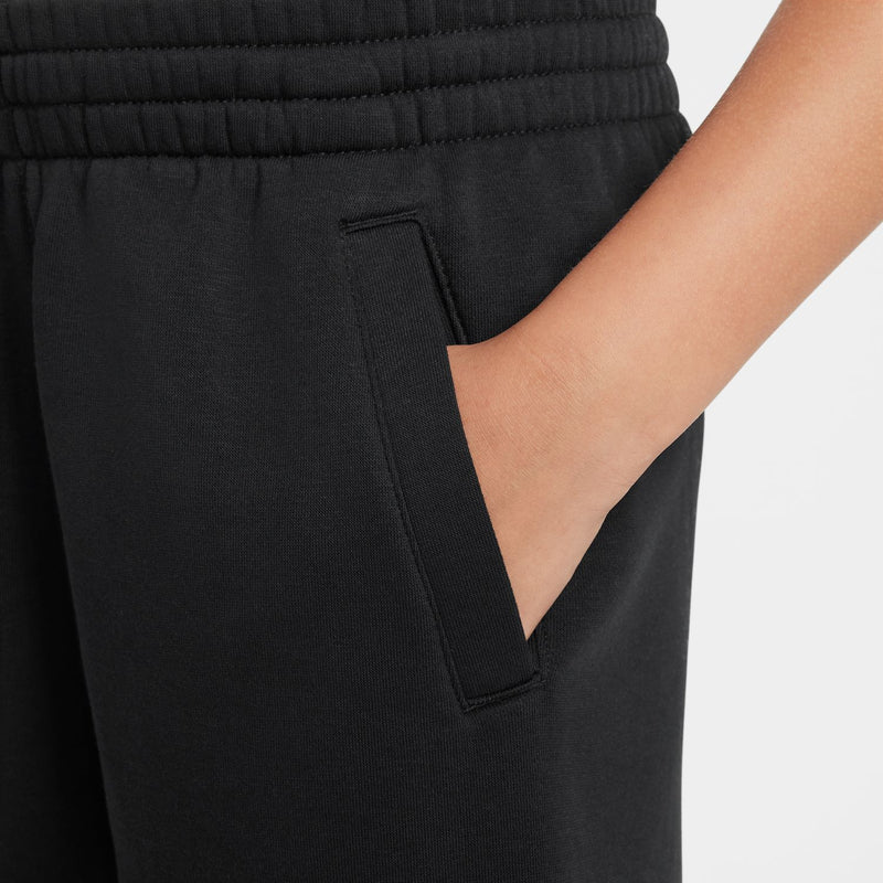 Black wide-leg fleece pant with side pocket and straight leg opening