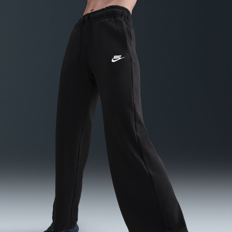 Women's black wide-leg fleece pants, side view, elastic waistband, Nike logo