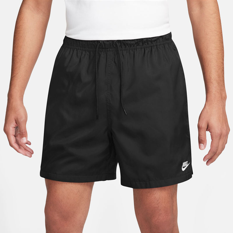 Men's black athletic shorts with elastic waistband, drawstring, and Nike swoosh