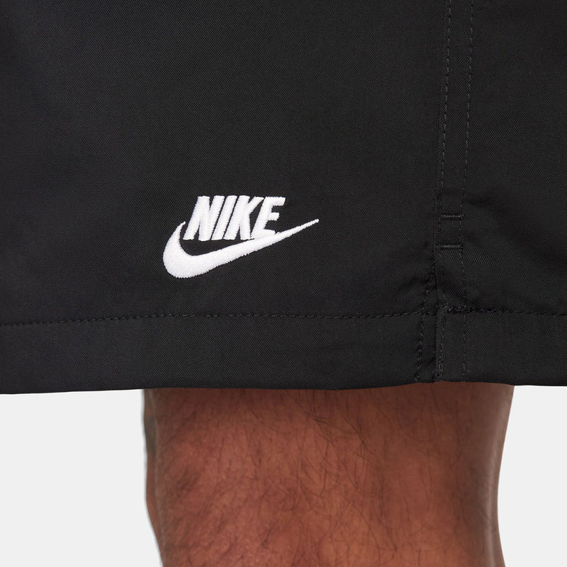 Close-up of Nike swoosh logo on black athletic shorts fabric
