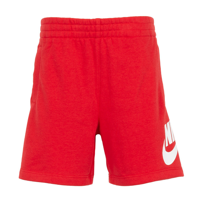 Kids French terry shorts in University Red with elastic waistband and side logo