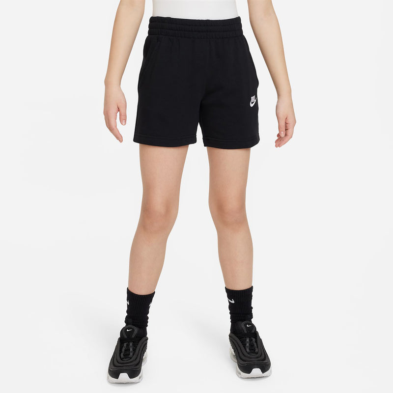 Black youth french terry shorts, straight hem, elastic waistband