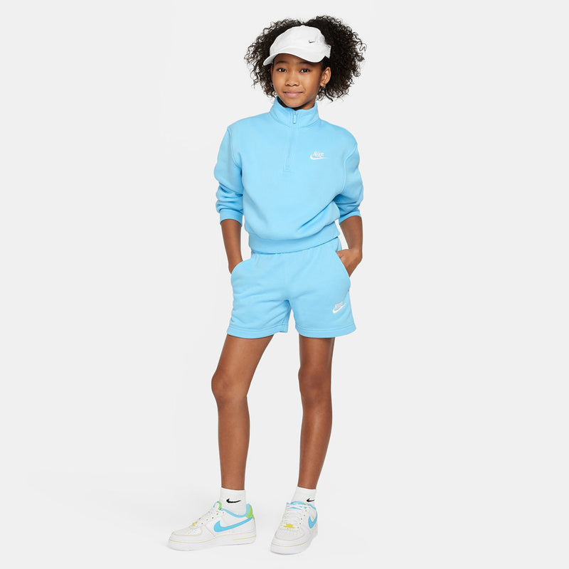 Youth light-blue French terry shorts, above-knee length, with elastic waist and Nike logo