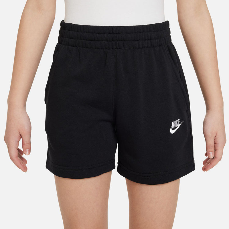 Black youth french terry shorts with elastic waistband and small Nike swoosh