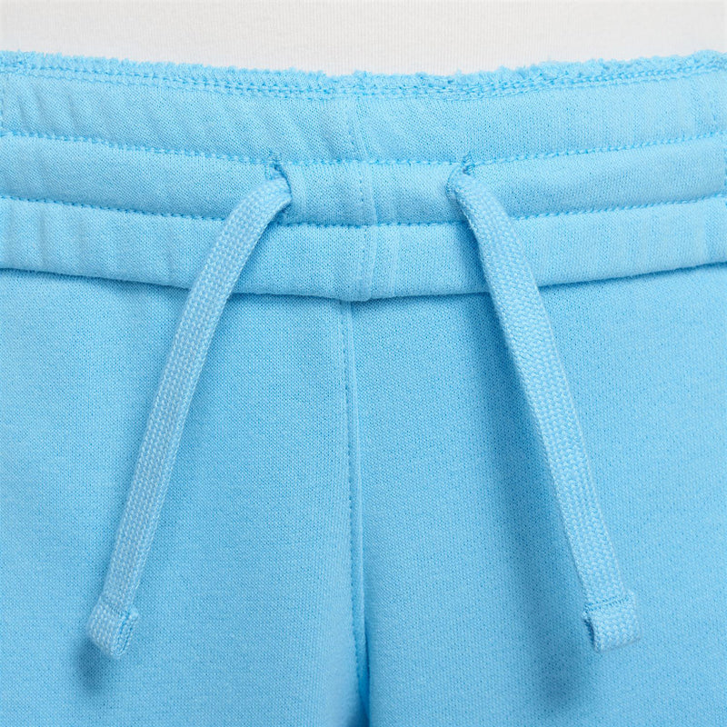 Light-blue French terry shorts close-up: elastic waistband with drawstring