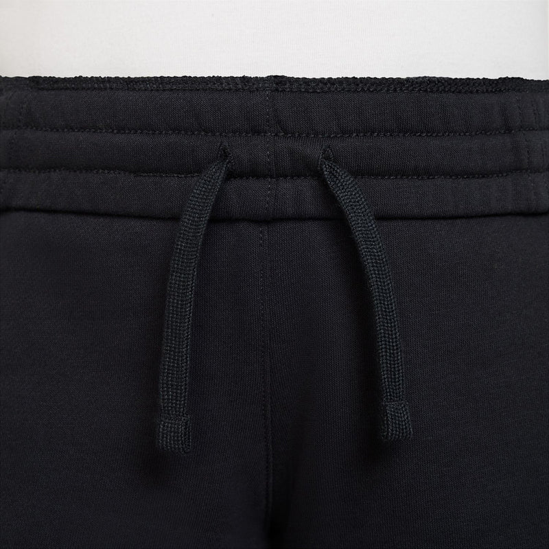 Black youth french terry shorts close-up of elastic waistband and drawstring