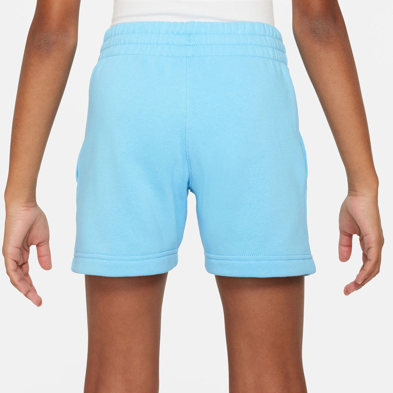 Youth light-blue French terry shorts, back view, elastic waistband and Nike swoosh