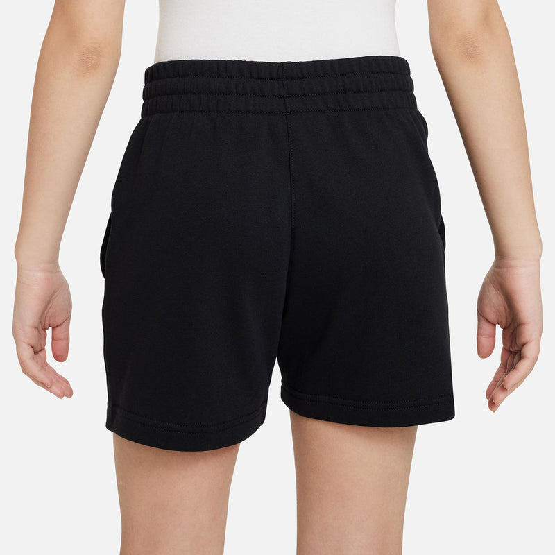 Black youth french terry shorts with elastic waistband and side pockets