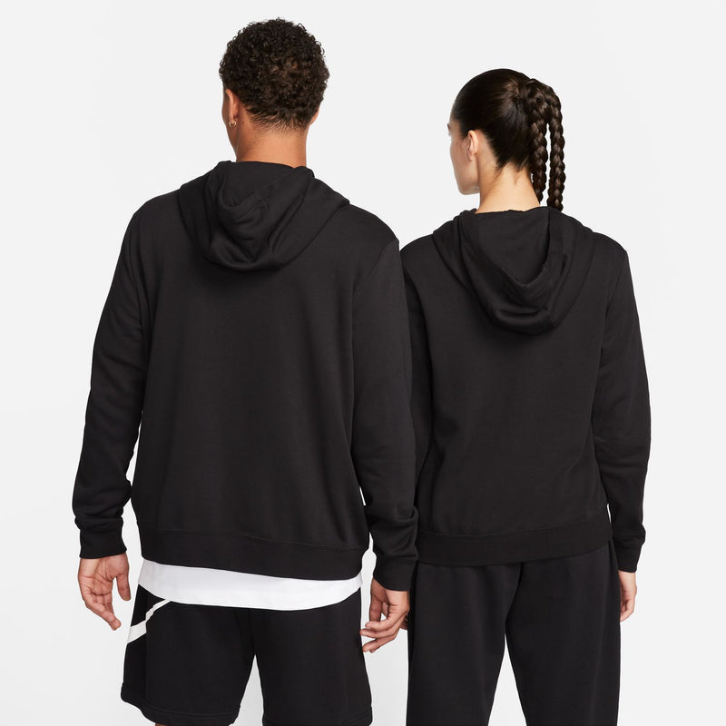 Women's black fleece hoody, hood and kangaroo pocket (back view)